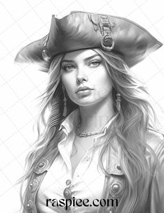 a drawing of a woman wearing a pirate's hat with long hair and piercings