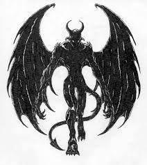 a black and white drawing of a demon with large wings on it's back