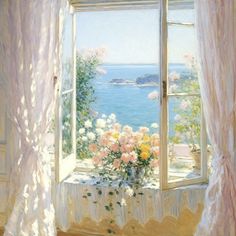 a painting of a window with flowers on the windowsill looking out at water and land