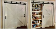 two pictures side by side with the doors open and shelves full of food in them