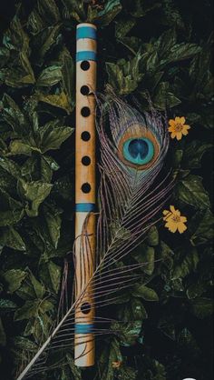 a flute with an eye painted on it next to some leaves and flowers in the background