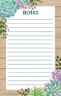 a notepad with flowers on it and the words notes written in green, pink and blue