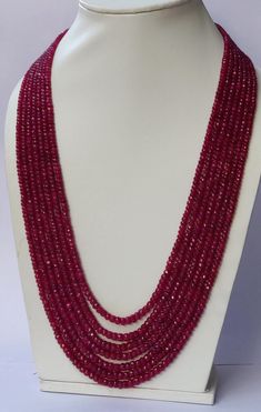 Name Of Stone                 : Ruby Corundum   Cut                                      : Faceted Color                                   : Pinkish Red    Shape                                 : Roundel Beads Size                         : 3 - 4 mm approx. Treatment                          : Dyed  ( Heated )    * Cut & Polished in India * 100% natural & genuine * Measurements & weight are close approximations * We take order work as well. Feel free to contact for purchasing goods in bulk. * We Beautiful Diamond Necklace, Faceted Bead Necklace, Pearl Necklace Designs, Diamond Necklace Designs, Mexican Jewelry, Ruby Beads, Gemstone Beaded Necklace, Necklace Design, Gemstone Jewelry Handmade