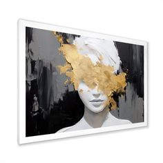 an abstract painting with gold leaves on it's head in black and white background