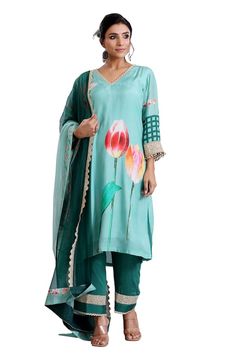 Sea green kurta with sequin and lace embroidery. Paired with an inner, straight pant and dual toned net dupatta. - Aza Fashions Spring Green Salwar Kameez With Embroidered Border, Net Dupatta, Kurta With Pants, Lace Embroidery, Straight Pants, Embroidered Silk, Green Cotton, Cotton Silk, Aza Fashion