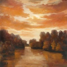 an oil painting of a sunset over a river with trees in the foreground and clouds in the background