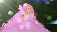 an animated image of a woman in a pink dress with bubbles around her and trees in the background