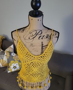 Beautifully Handmade Mustard Yellow Crochet Tank...W/ Crochet Tassels Fitted Yellow Crochet Lace Top, Yellow Crochet Lace Top For Festival, Handmade Yellow Crochet Top For Beach, White Halter Top, Crochet Tank Top, Crochet Tunic, Sequin Tank, Grey Tank Top, Crochet Tank