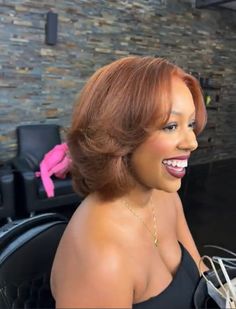 Short Orange Brown Hair, Colored Relaxed Hair For Black Women, Ginger Relaxed Hair Black Women, Short Ginger Silk Press, Layered Silk Press Natural Hair Short, Auburn Bob Black Women, Honey Brown Hair Short, Brown Bob Black Women