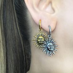 Brighten up your outfit with these charming Sun hoop earrings! Lightweight and adorable, they'll bring a touch of celestial whimsy to your style. Sold as Pair Material: 316 Stainless steel Hoop inner diameter: 10.5 mm Total height: 38 mm Total width : 22 mm Standard Post 22G Listing for pair of hoops only *RETURNS / REFUNDS * -If you would like to return you purchase , please contact us within 7 days of receiving your package and we will accept the return.Return will only be made to the product, and not the shipping cost.  -Buyer is  responsible for the return shipping costs . -All jewelry must be returned unworn and in their original condition . *LOST MAIL* Once the package is marked as DELIVERED by the post office, we are not responsible for misplaced or stolen packages. *MAIL THEFT* If Adjustable Nickel-free Celestial Hoop Earrings, Celestial Metal Dangle Hoop Earrings, Celestial Style Metal Dangle Hoop Earrings, Celestial Metal Hoop Earrings Nickel Free, Nickel Free Celestial Metal Hoop Earrings, Celestial Style Metal Hoop Earrings Nickel Free, Celestial Style Nickel Free Metal Hoop Earrings, Handmade Celestial Dangle Hoop Earrings, Celestial Style Nickel-free Metal Hoop Earrings