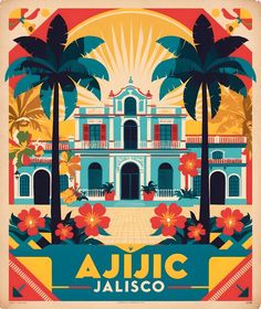 an art deco poster with palm trees and flowers in front of a large white building