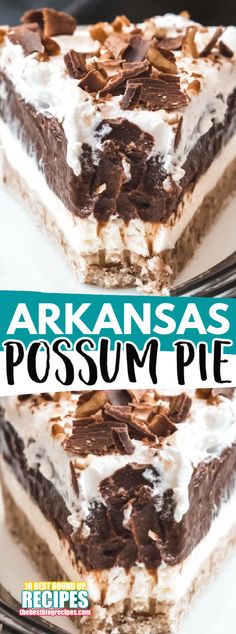 two pieces of cake sitting on top of a white plate with the words arkansas's possum pie