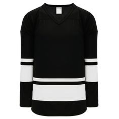 Athletic Knit (AK) H6400 Black/White League Hockey Jersey Black Tops With Contrast Stripes For Winter, Black Winter Top With Contrast Stripes, Winter Black Top With Contrast Stripes, Black Sporty Knit Sweater, Sporty Black Knit Sweater, Sporty Knit Black Sweater, Black Fitted Top With Contrast Stripes, Fitted Black Top With Contrast Stripes, Fitted Black Sporty Sweater