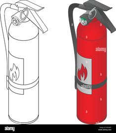 a red fire extinguisher next to a black and white drawing - stock image