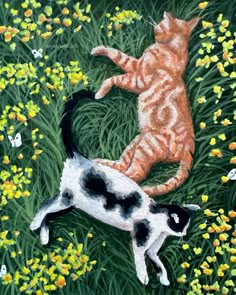 a painting of two cats in the grass with yellow flowers behind them and one cat laying on its back