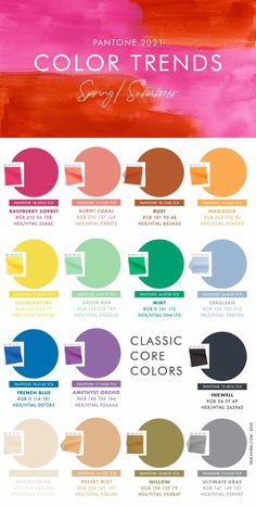 the color chart for different shades of paint, including red, yellow and pinks