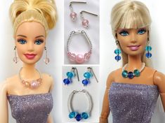 a barbie doll with jewelry and earrings on it's head, next to other dolls