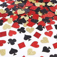 Brand: SursurpriseColor: GoldFeatures: Casino Theme Party Decorations: Include 4 different shapes of red and black glitter confetti and gold glitter heart confetti, each of 40.Single-Sided Party Confetti: All table confetti decorations are made of single-sided glitter cardstock, sparkle, sturdy and can be reused.Size: The glitter poker confetti is about 1.1 x 1.18 inches.Wide Application: Casino confetti is perfect for Las Vegas Casino Night poker theme birthday, baby shower, bachelorette party, bridal shower, engagement, wedding, etc.Easy To Use: Scatter them across your cake table, dessert table or put in envelopes, with cards or to decorate gifts, and add a sprinkle touch for your event celebration.Details: Casino Party Decorations, 200 Count Poker Table Confetti for Adults Las Vegas Ca Vegas Party Decorations, Confetti Decorations, Las Vegas Party Theme, 007 Casino Royale, Vegas Theme Party, Casino Royale Theme, Casino Birthday