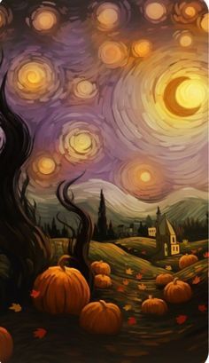 an artistic painting of pumpkins in a field at night