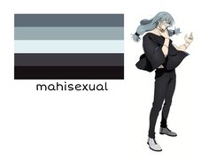 an anime character with blue hair and black pants standing in front of a white background