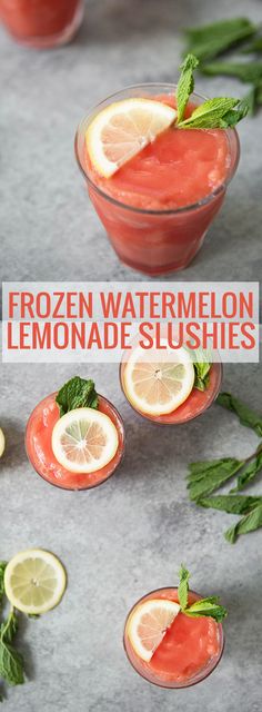 frozen watermelon lemonade slushies in small glasses with mint garnishes