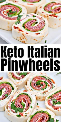 keto italian pinwheels on a white plate with the title in the middle