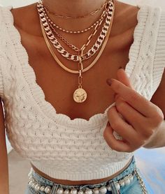 Shop the look! - ballchain necklace - herringbone necklace - gold coin necklace - cuban link necklace - clip chain necklace Top Accessories, Cuban Link Necklace, Gold Coin Necklace, Herringbone Chain, Herringbone Necklace, Gold Coin, Chunky Necklace, Cuban Link