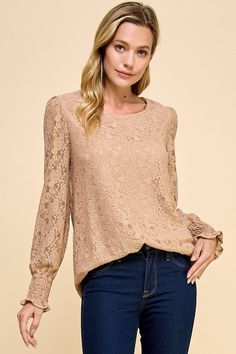 Elevate your style with our Lace Detail Blouse! This versatile top is perfect for revamping your work wardrobe. Whether you pair it with jeans for a casual look or layer it under a blazer for a more polished ensemble, the delicate lace details will add a touch of femininity to any outfit. Color - Latte Long sleeve Round neck 95% nylon, 5% spandex / Lining: 100% polyester Made in the United States Work Wardrobe, Lace Detail, Casual Looks, Round Neck, Buy Online, United States, Spandex, Blazer, Wardrobe