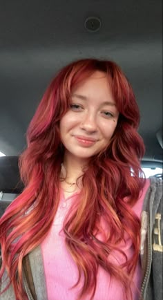 Red Hair With Lighter Red Highlights, Pink And Red Hair Highlights, Copper Red Hair With Pink Highlights, Pink In Red Hair, Orange With Pink Highlights, Copper With Pink Highlights, Pink Highlights In Auburn Hair, Red Hair With Pink Streaks, Pink And Red Highlights In Brown Hair