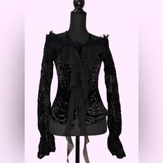 Black Rose Button All The Way Down Soft Velvet Adjustable Elastic Straps Top Lace Trimmings Brocade Lace Design Long Sleeves Gothic Long Sleeve Blouse For Evening, Black Gothic Blouse For Formal Occasions, Long Sleeve Gothic Blouse For Formal Occasions, Gothic Formal Tops For Fall, Formal Gothic Long Sleeve Blouse, Black Gothic Long Sleeve Blouse, Fitted Witchy Top For Costume Party, Black Long Sleeve Gothic Blouse, Witchy Long Sleeve Tops For Party