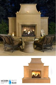 an outdoor fireplace with chairs around it and the fire place is lit up at night