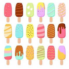 an assortment of ice creams with different colors and designs on top of each one