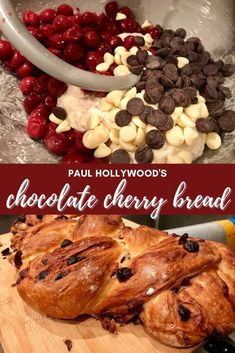 chocolate cherry bread on a cutting board with the words paul hollywood's chocolate cherry bread