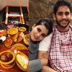 a man and woman sitting at a table with food on it next to an image of a restaurant