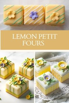 lemon petit fours are decorated with flowers and ribbons