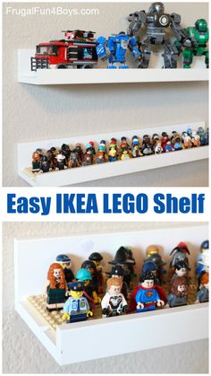 two shelves with legos on them and the words easy ikea lego shelf