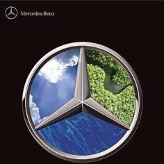 the mercedes logo is surrounded by green plants and blue water in front of a black background