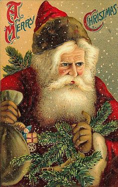 an old fashioned christmas card with santa claus holding a bell and fir tree in his hand