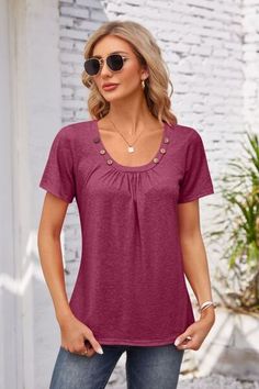 Features: Basic style  Sheer: Opaque  Stretch: Slightly stretchy  Material composition: 95% polyester, 5% spandex  Care instructions: Machine wash cold. Tumble dry low.  Imported  Product measurements: S:Top Length 25.98 in, Bust 37.01 in, Sleeve Length 7.48 in, Shoulder 14.96 in M:Top Length 26.38 in, Bust 38.98 in, Sleeve Length 7.87 in, Shoulder 15.35 in L:Top Length 26.77 in, Bust 40.94 in, Sleeve Length 8.27 in, Shoulder 15.75 in XL:Top Length 27.17 in, Bust 44.09 in, Sleeve Length 8.66 in, Shoulder 16.34 in 2XL:Top Length 27.56 in, Bust 47.24 in, Sleeve Length 9.06 in, Shoulder 16.93 in Casual Stretch Tops With Buttons, Stretch Crew Neck Top With Buttons, Short Sleeve Tunic Tops, Basic Blouses, Metallic Leggings, Liquid Leggings, Solid Leggings, Custom Leggings, Printed Pencil Skirt