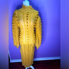 Long Split, Knit Material. Midi-Length, Size Small New Fitted Long Sleeve Chunky Knit Dress, Yellow Long Sleeve Dress For Fall, Long Yellow Dress For Fall, Fitted Yellow Knitted Sweater, Yellow Fitted Knit Dress, Spring Yellow Knit Dress, Midi Sweater Dress, Sweater Dress Midi, Knit Midi