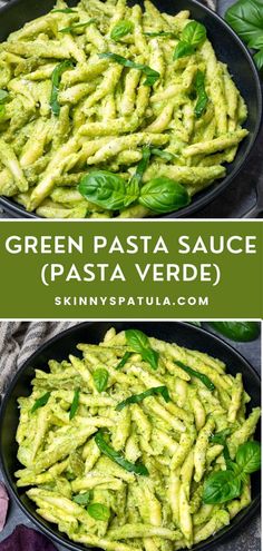 green pasta sauce in a black bowl with basil leaves on top and the same side