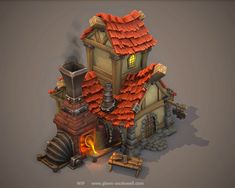 a house made out of clay with a fire coming from the roof and chimneys