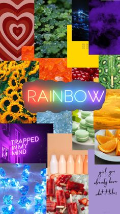 a collage of photos with the words rainbow in different languages and images that appear to be colored