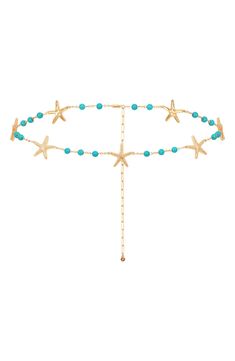 Turquoise beads and starfish charms alternate on this charming belly chain that will feel like a piece of summer no matter what the season. 28" length; 7" extender Lobster clasp closure Goldtone plate/turquoise Imported Turquoise Jewelry With Starfish Charm For Vacation, Adjustable Star Charm Necklace For Summer, Bohemian Star-shaped Jewelry For Vacation, Festival Starfish Charm Jewelry, Festival Strand Jewelry With Starfish Charm, Bead Waist Chain, Waist Jewelry, Coastal Charm, Belly Chain