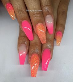 Nail Suite, Pink Nails With Glitter, Nail Designs Acrylic, Nails Orange, Neon Nail Designs, Trendy Nail Designs, Orange Nail