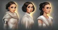 three star wars characters, one in white dress and the other in black with brown eyes