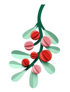 an image of a branch with red and green leaves on it's branches, cut out from paper