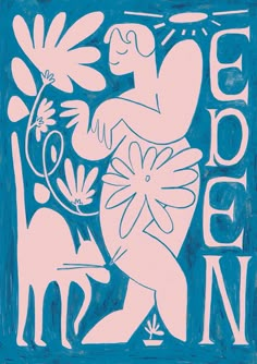 a blue and pink drawing of a woman with flowers in her hair, holding a cat