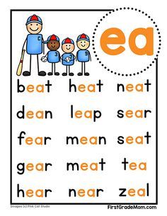 the letter e is for ee and two children are standing in front of an orange circle