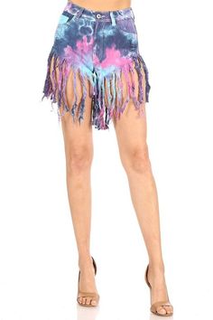 Fringe Jean Shorts, Fringe Shorts, Bling Heels, Fringe Jeans, Tie Dye Blue, Short Fringe, Lips Print, Gray Dress, Tie Dye Skirt